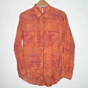 Free People Shore Vibes Button Down Top Printed Long Sleeve Shirt Orange Medium